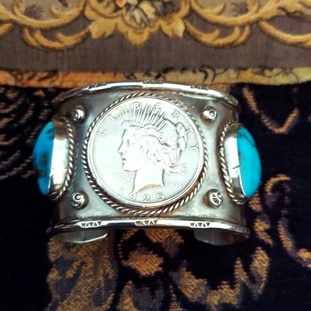 Huge Turquoise 1925 Coin Bracelet